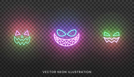 Neon face icons for Halloween. Set of bright neon colored face expreshions for Halloween.のイラスト素材