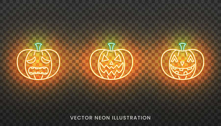 Halloween neon Jack O Lantern sign. Set of bright Pumpkin for Halloween.のイラスト素材