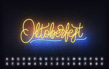 Oktoberfest neon lettering template. Bright sign with custom typography for Oktoberfest.のイラスト素材