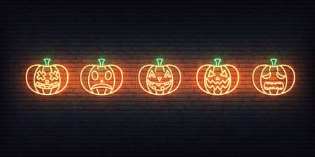 Halloween pumpkin neon. Set of bright Jack O Lantern for Halloween celebration.のイラスト素材