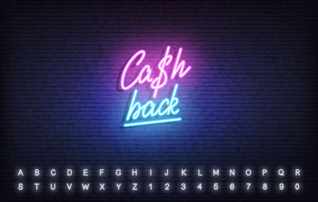 Cash back neon template. Glowing neon lettering Cash back sign.のイラスト素材