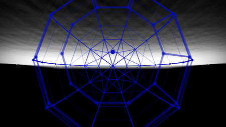 Cobweb of blue shapes on a black background with a white glow. wireframe geometric background....