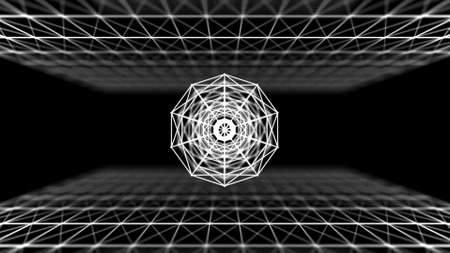 Composition of a combination of white spheres and a cube on a black background. Low poly shape with...