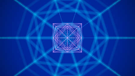 Purple square inside a blue spherical grid. Low poly shape with connecting dots and lines on dark background. 3d rendering.の写真素材