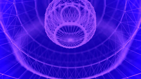 Purple sphere on a blue background. Futuristic science. Low poly shape with connecting dots and lines on dark background. 3d rendering.の写真素材