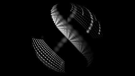 Lens projection. White intermittent ball on a black background with lines and dots curved inward of the projection axis. 3D rendering.の写真素材
