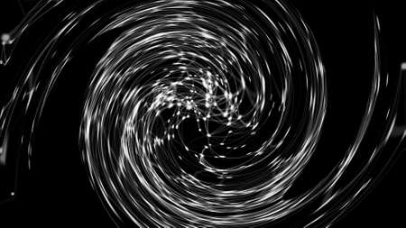 Glowing vortex. White swirling lines and points in a spatial spiral on a black background. 3D...