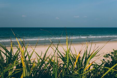 Beautiful view of the sea landscape, empty sandy beach, small waves on the sea, turquoise water, clear blue skyの写真素材
