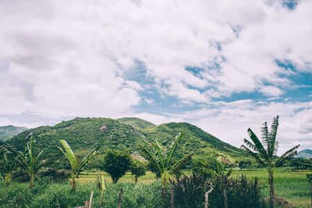 Rural landscape, view of rice fields, beautiful view of mountains, rivers and a farm village. Blue sky with white clouds. Wonderful Asian landscapeの写真素材