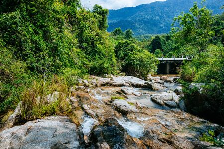 A small mountain river flows among large stones in mountainous areas through the forest. Natural landscape, with a clean river a beautiful landscape, clean air. Ecologically clean area.の写真素材