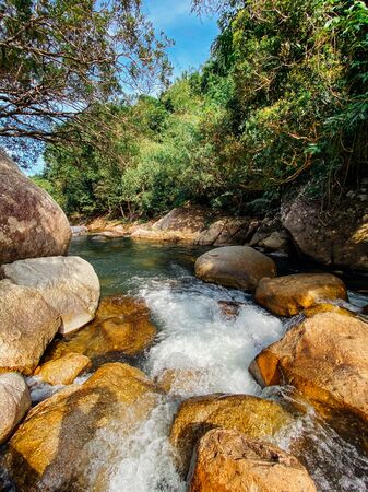 A small mountain river flows among large stones in mountainous areas through the forest. Natural landscape, with a clean river a beautiful landscape, clean air. Ecologically clean area.の写真素材