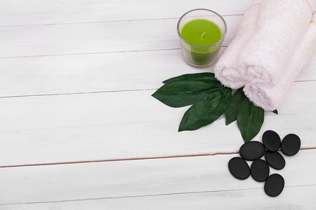 Beautiful composition of spa treatment on wooden table.の写真素材