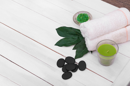 Beautiful composition of spa treatment on wooden table.の写真素材