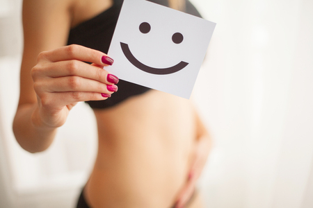Women Health. Beautiful Female Body In Panties With Smile Card.の写真素材