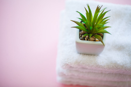 Spa Relax And Bath Concept, Stack Clean Bath Towels Colorful Cotton Terry Textile In Bathroom Pink Background, Copy Spaceの写真素材