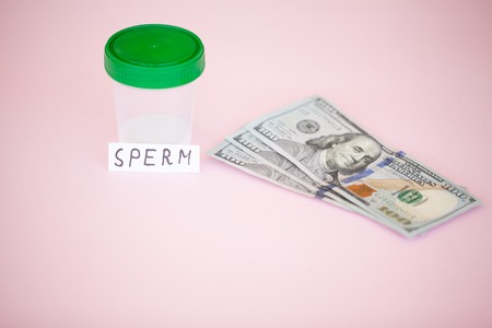 Health. Sperm Analysis. Concept of Bank Sperm. Infertility Bank with Sperm on Rosy Phoenix with Moneyの写真素材