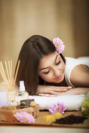 Beauty. Spa. A girl with perfect skin. Portrait. Beautiful brunette brunette girl.の写真素材