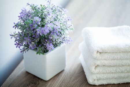 Spa. White Cotton Towels Use In Spa Bathroom. Towel Concept. Photo For Hotels and Massage Parlors. Purity and Softness. Towel Textileの写真素材