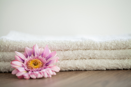 Spa. White Cotton Towels Use In Spa Bathroom. Towel Concept. Photo For Hotels and Massage Parlors. Purity and Softness. Towel Textileの写真素材