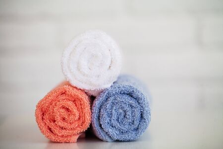 Spa. Colored Cotton Towels Use In Spa Bathroom. Towel Concept. Photo For Hotels and Massage Parlors. Purity and Softness. Towel Textileの写真素材