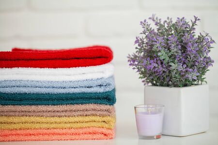 Spa. Colored Cotton Towels Use In Spa Bathroom. Towel Concept. Photo For Hotels and Massage Parlors. Purity and Softness. Towel Textileの写真素材