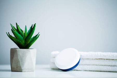 Spa concept. Moisturizing cream and aloe on table in bath room