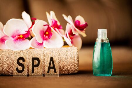 Chocolate Spa. Composition brown towel in hotel room of spa treatment.の写真素材