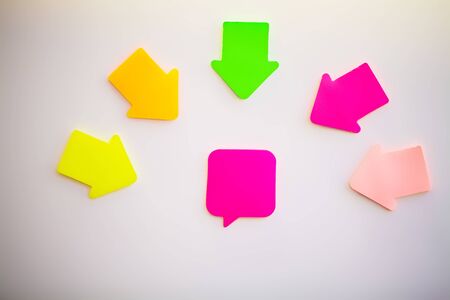 Colorful stickers on white wall. Empty Space for textの写真素材