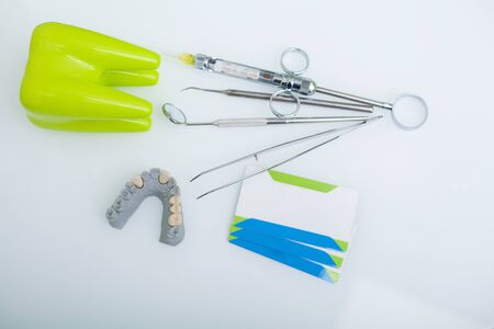 Medical dental instruments and business card with copy space