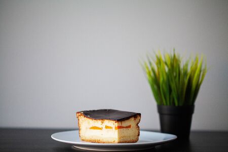 Delicious piece of chocolate cake on a white plateの写真素材