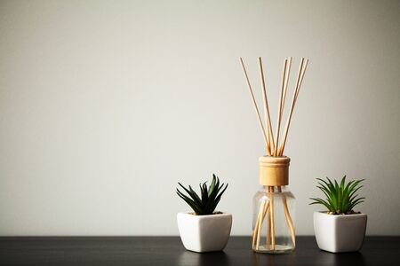 Interior items stand on a table in a bright room.