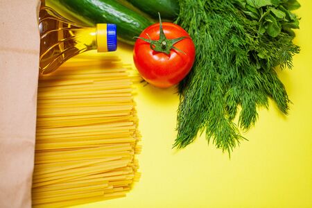 Donation package with food for people who need helpの写真素材