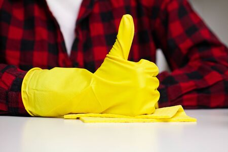 An employee of a cleaning company cleans the office and takes care of the plants