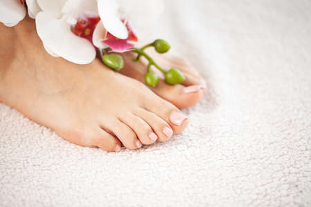 Long legs of a woman with a fresh manicure and orchid flowersの写真素材