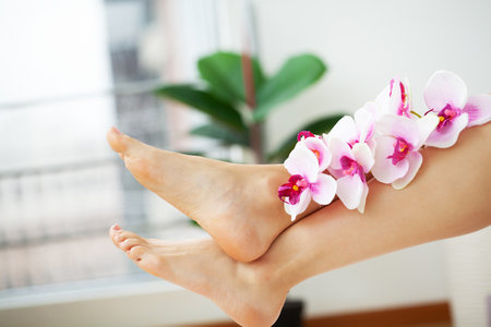 Long legs of a woman with a fresh manicure and orchid flowersの写真素材