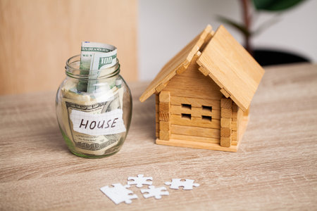 Savings money jar full of coins concept for saving or investment for a houseの写真素材