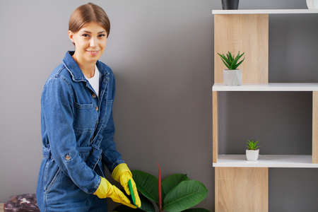 Portrait of a young happy maid who is cleaning the office
