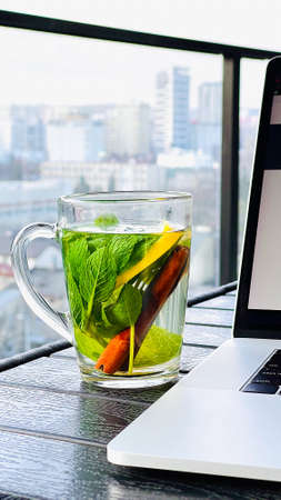 Hot tea with cinnamon bark and green mint leaves