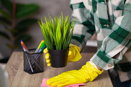 Cleaner Cleaning Desk With Rag In Office