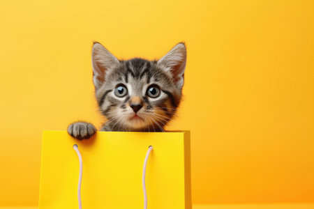 A cute cat next to a gift bagの素材