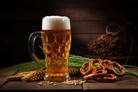 A glass of beer on a background of snacks and a dark backgroundの素材