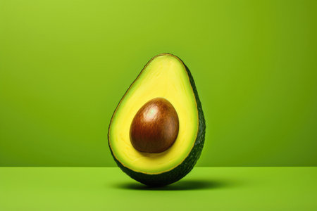 Ripe half of an avocado on a green background.の素材