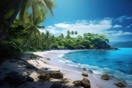 Island with palm trees and snow-white sand in the oceanの素材