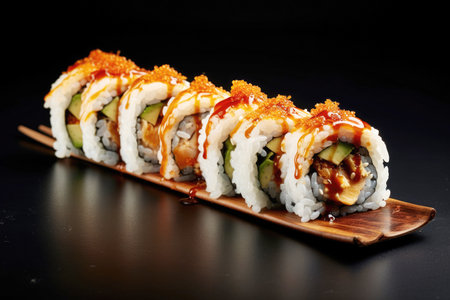 Sushi roll with eel and shrimp on wooden darkの素材