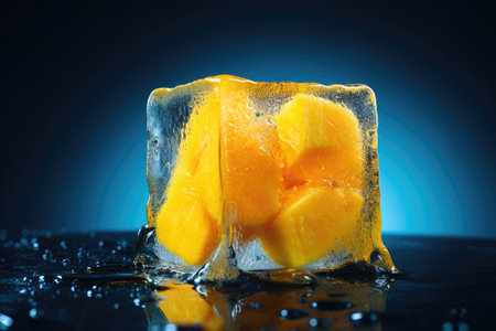 Frozen mango in an ice club on a neon background.の素材