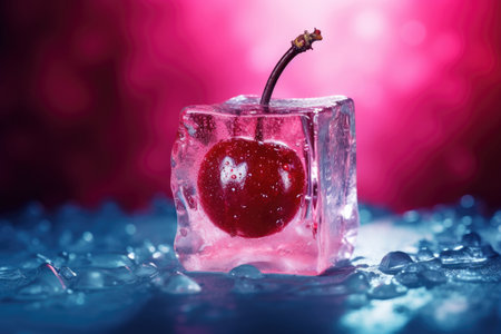Frozen cherry in an ice club on a neon background.の素材