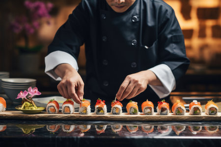 A sushi chef serves sushi in a luxury restaurant.の素材