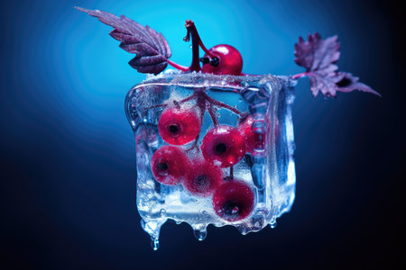 Frozen red ribes in an ice club on a blue background.の素材