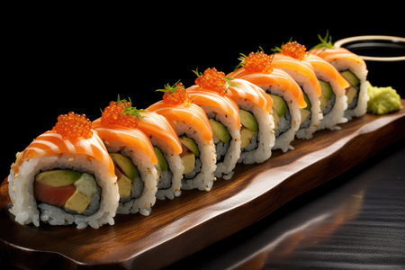 Sushi rolls with salmon on a dark backgroundの素材