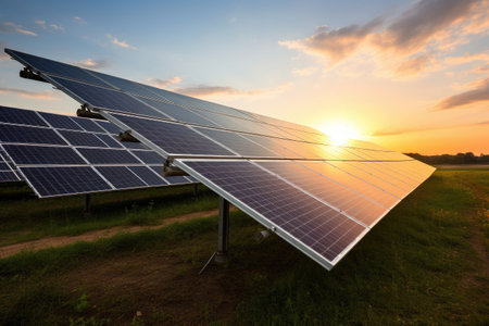Solar power plant panels on the background of the sunset.の素材